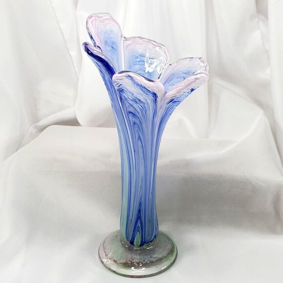 Handblown Art Glass Vase Pink & Blue Swirl Design Pulled Swung Glass 9.5"Tall - Picture 2 of 16